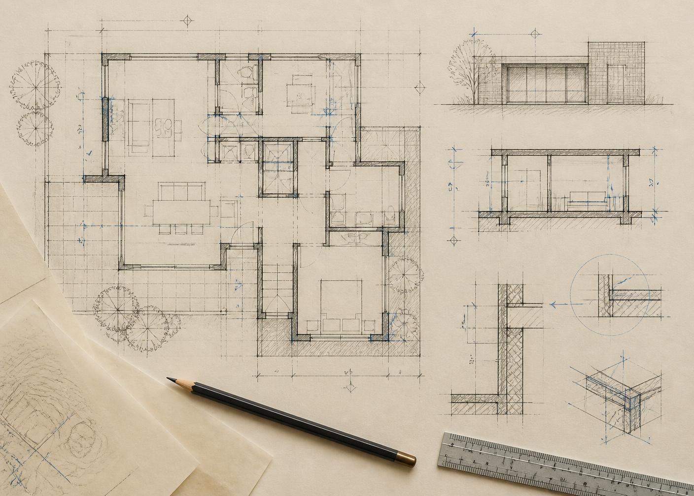 Technical drawings, plans and a drafting ruler arranged on a desk