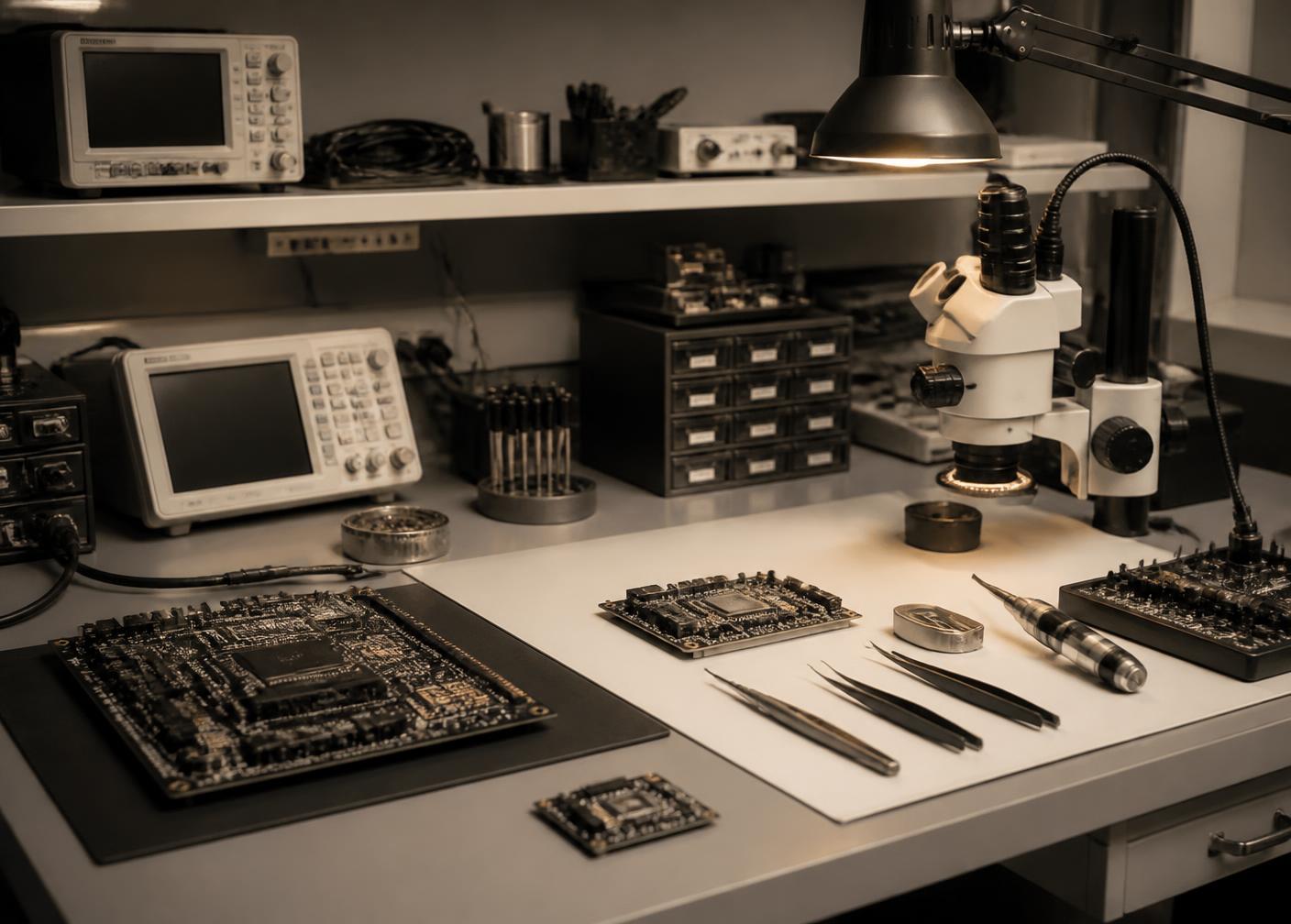 Electronics laboratory bench with circuit boards, a microscope and precision tools