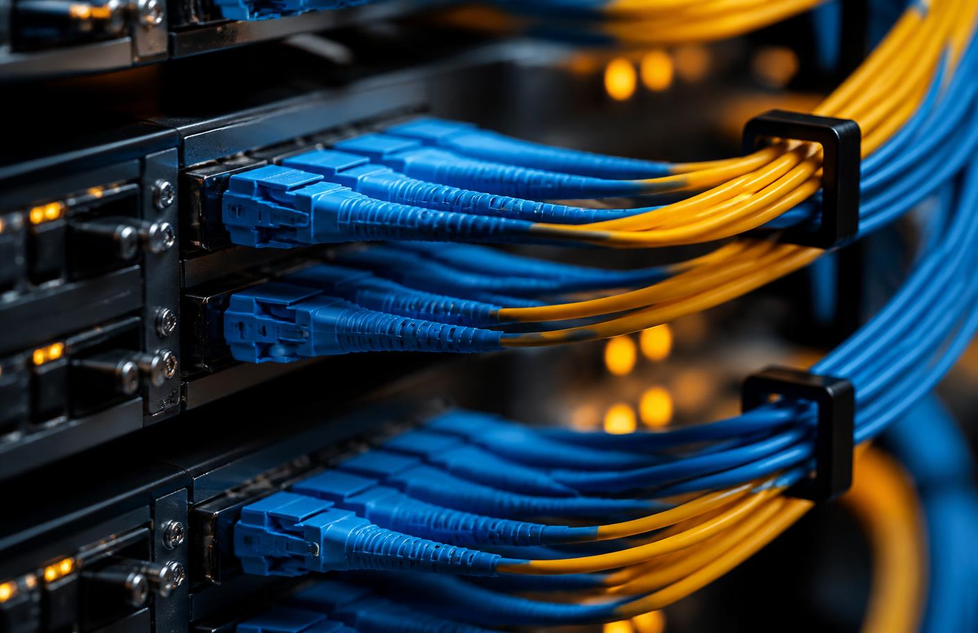 Fibre optic patch panel with blue and amber cabling neatly routed