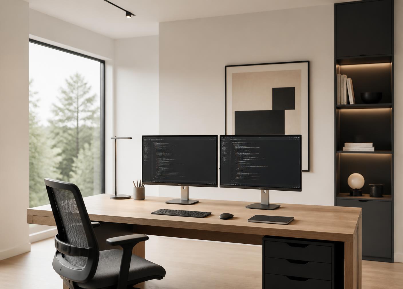 Contemporary workspace with two monitors displaying source code beside a window